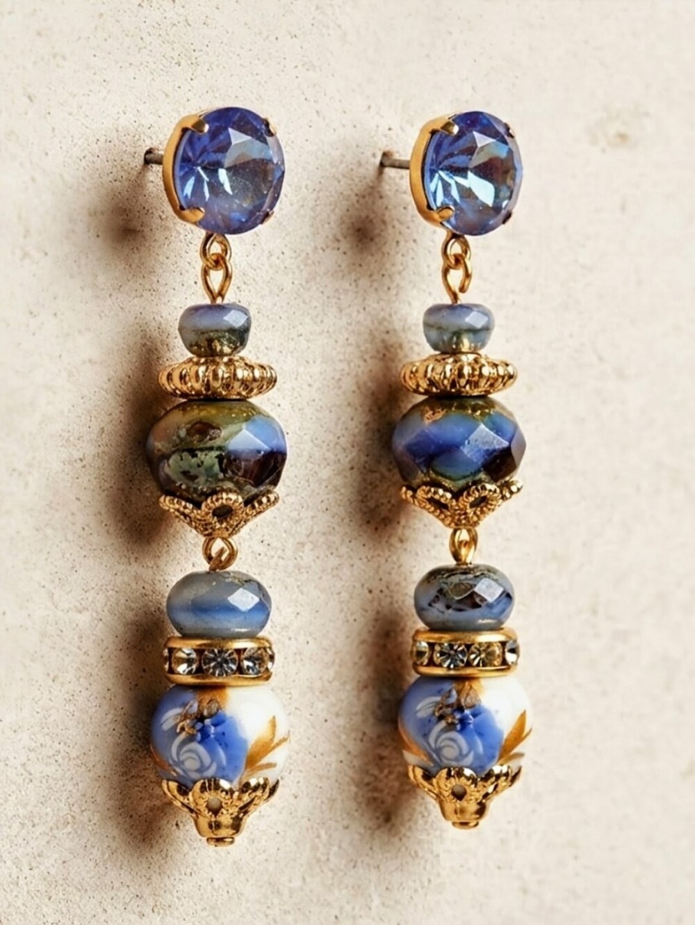 Victorian Delicate & Dainty Blue Lunar Crystal In Glass In Gold Plated Earrings